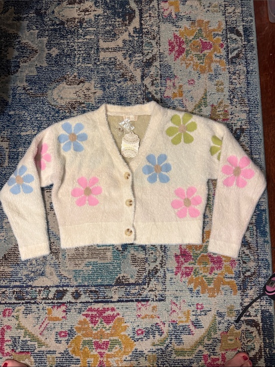 Altar'd State Sweaters - Altar'd State Cream Fuzzy Floral Button Cardigan
